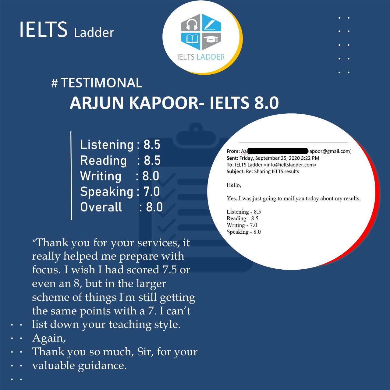 Our student Arjun Kapoor got 8.0 bands in IELTS