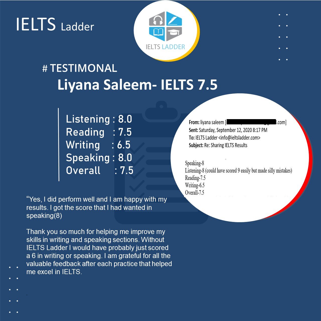 Our student Liyana get 7.5 bands in IELTS .