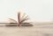 Vintage old books on wooden deck table background.